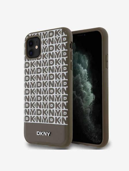 DKNY PU kožený zadný kryt MagSafe s opakovaným vzorom spodného pruhu pre iPhone 11 hnedý DKNY