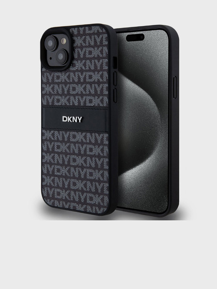 DKNY PU kožený zadný kryt Repeat Pattern Tonal Stripe pre iPhone 15 Plus Black DKNY