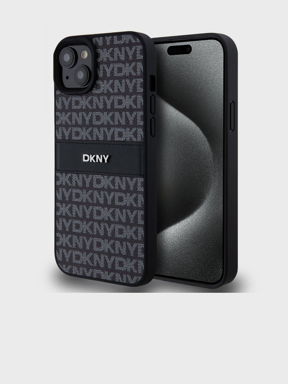 DKNY PU kožený zadný kryt Repeat Pattern Tonal Stripe pre iPhone 15 Plus Black DKNY