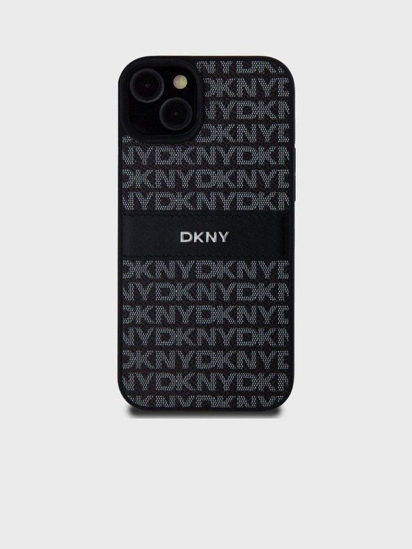DKNY PU kožený zadný kryt Repeat Pattern Tonal Stripe pre iPhone 15 Plus Black DKNY