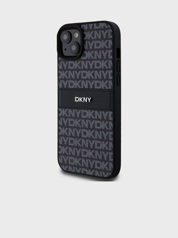 DKNY PU kožený zadný kryt Repeat Pattern Tonal Stripe pre iPhone 15 Plus Black DKNY