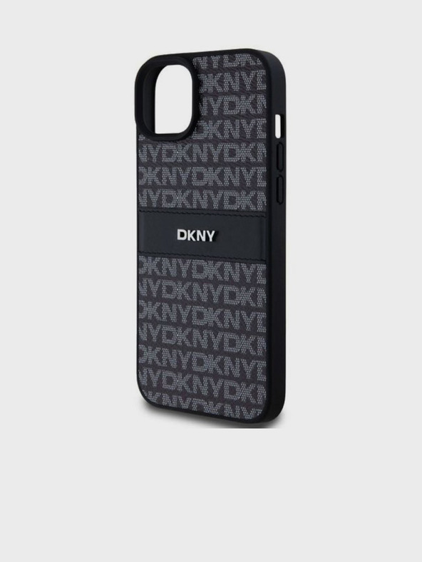 DKNY PU kožený zadný kryt Repeat Pattern Tonal Stripe pre iPhone 15 Plus Black DKNY
