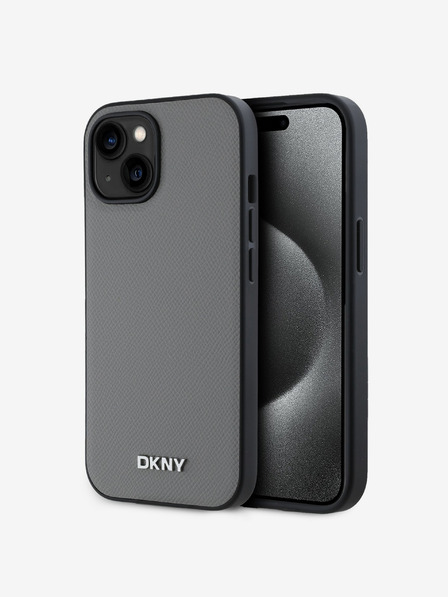 DKNY PU kožený strieborný kovový zadný kryt s logom Magsafe pre iPhone 14 sivý DKNY
