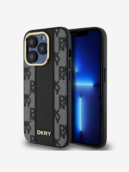 DKNY PU kožený károvaný zadný kryt Magsafe so vzorom pre iPhone 15 Pro Max Black DKNY