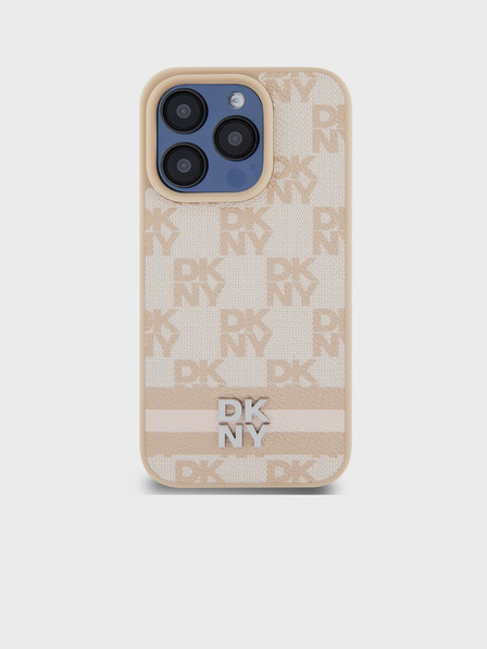 DKNY PU kožený zadný kryt so šachovnicovým vzorom a pruhmi pre iPhone 14 Pro Pink DKNY