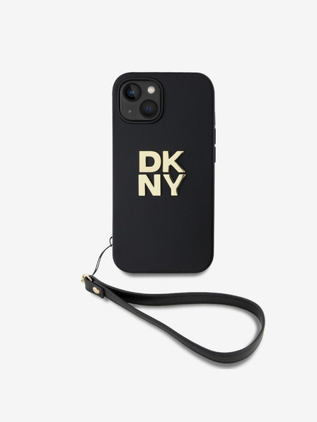 DKNY PU kožený zadný kryt s logom Stack Wrist Strap pre iPhone 14 čierny DKNY