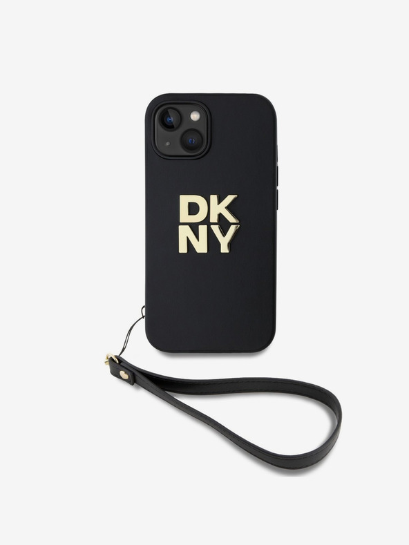 DKNY PU kožený zadný kryt s logom Stack Wrist Strap pre iPhone 14 čierny DKNY