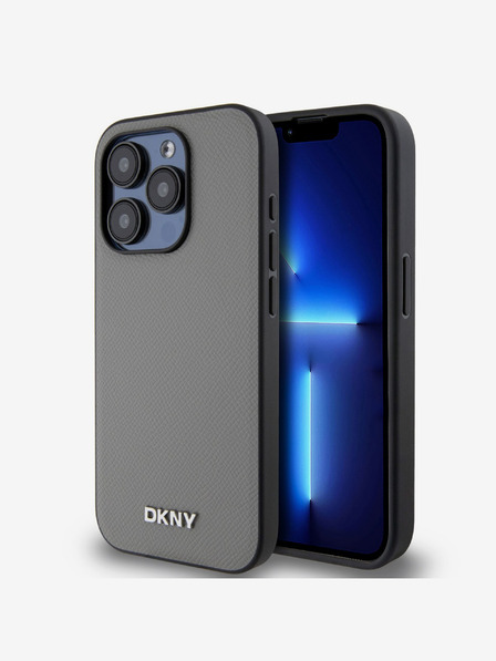 DKNY PU kožený strieborný kovový zadný kryt s logom Magsafe pre iPhone 14 Pro Grey DKNY