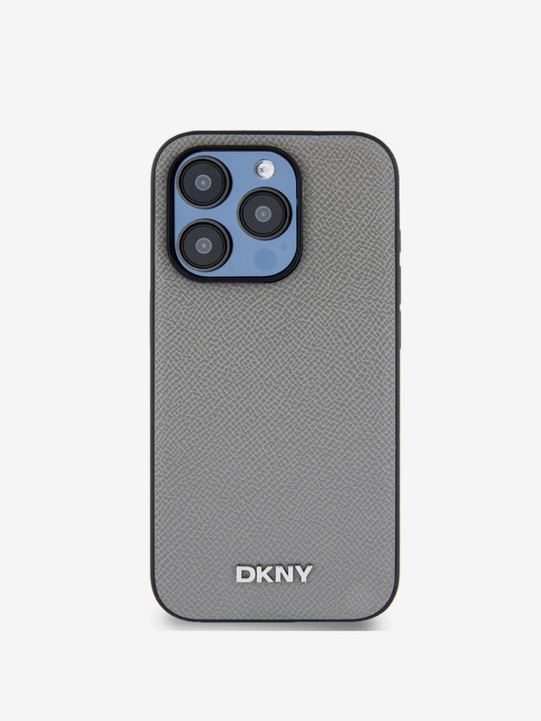 DKNY PU kožený strieborný kovový zadný kryt s logom Magsafe pre iPhone 14 Pro Grey DKNY
