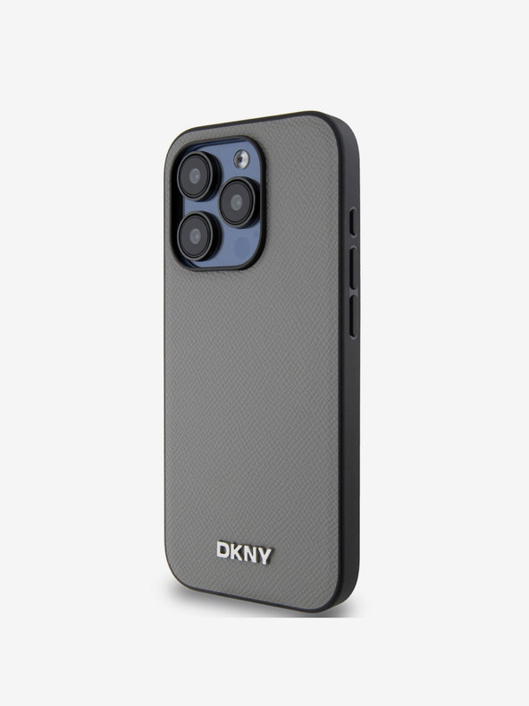 DKNY PU kožený strieborný kovový zadný kryt s logom Magsafe pre iPhone 14 Pro Grey DKNY