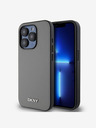 DKNY PU kožený strieborný kovový zadný kryt s logom Magsafe pre iPhone 14 Pro Max Grey DKNY