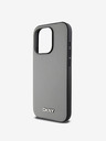 DKNY PU kožený strieborný kovový zadný kryt s logom Magsafe pre iPhone 14 Pro Max Grey DKNY