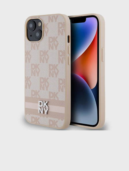 DKNY PU kožený zadný kryt so šachovnicovým vzorom a pruhmi pre iPhone 15 Pink DKNY