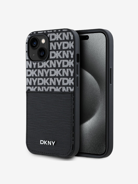 DKNY PU kožený zadný kryt Repeat Pattern Card Pocket pre iPhone 15 Black DKNY
