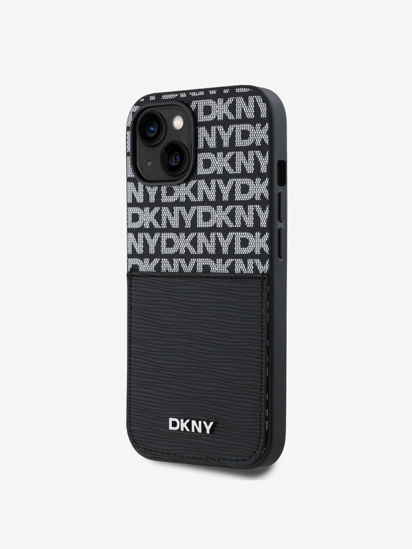 DKNY PU kožený zadný kryt Repeat Pattern Card Pocket pre iPhone 15 Black DKNY
