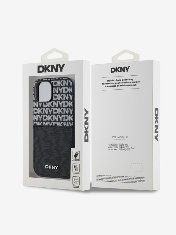 DKNY PU kožený zadný kryt Repeat Pattern Card Pocket pre iPhone 15 Black DKNY