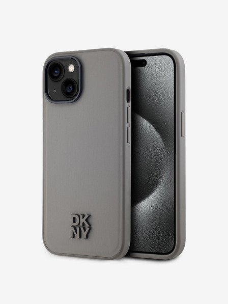 DKNY PU kožený zadný kryt Magsafe s logom komína pre iPhone 15 sivý DKNY
