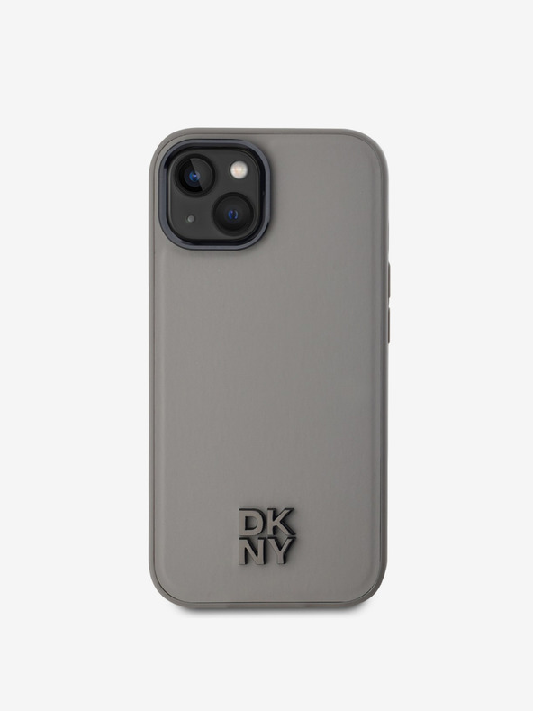 DKNY PU kožený zadný kryt Magsafe s logom komína pre iPhone 15 sivý DKNY