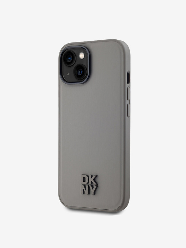DKNY PU kožený zadný kryt Magsafe s logom komína pre iPhone 15 sivý DKNY