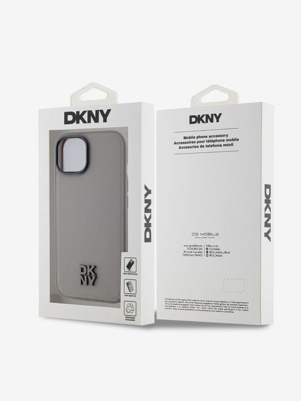 DKNY PU kožený zadný kryt Magsafe s logom komína pre iPhone 15 sivý DKNY