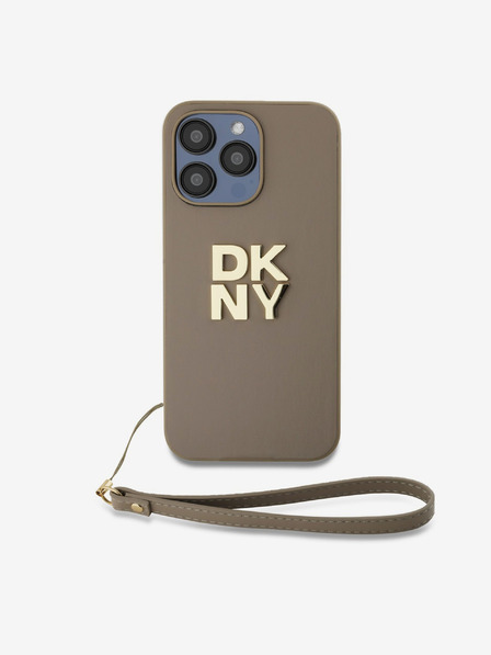 DKNY PU kožený zadný kryt s logom na zápästie pre iPhone 14 Pro Max Beige DKNY