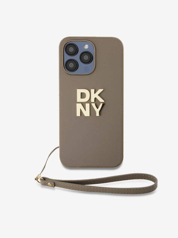DKNY PU kožený zadný kryt s logom na zápästie pre iPhone 14 Pro Max Beige DKNY