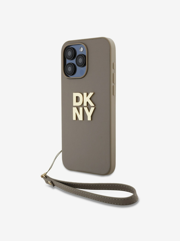 DKNY PU kožený zadný kryt s logom na zápästie pre iPhone 14 Pro Max Beige DKNY