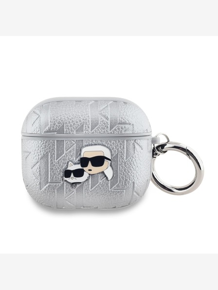 Karl Lagerfeld PU reliéfne puzdro na hlavy Karl a Choupette pre AirPods 3 strieborné Karl Lagerfeld