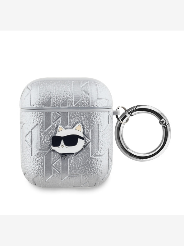 Karl Lagerfeld Karl Lagerfeld PU reliéfne puzdro na hlavu Choupette pre AirPods 1/2 strieborné