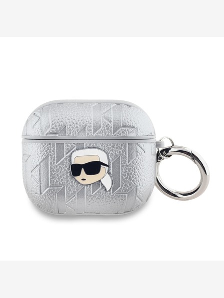 Karl Lagerfeld PU reliéfne puzdro na hlavu Karl pre AirPods 3 strieborné Karl Lagerfeld