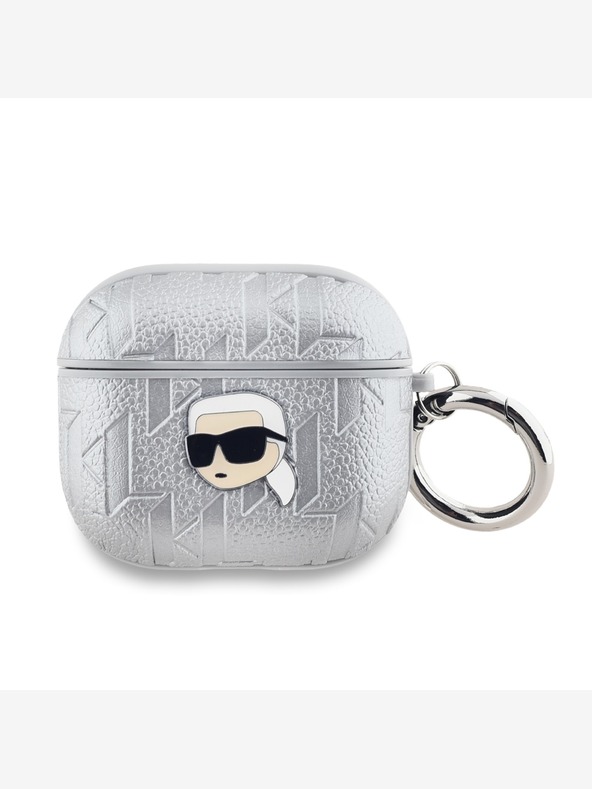 Karl Lagerfeld PU reliéfne puzdro na hlavu Karl pre AirPods 3 strieborné Karl Lagerfeld