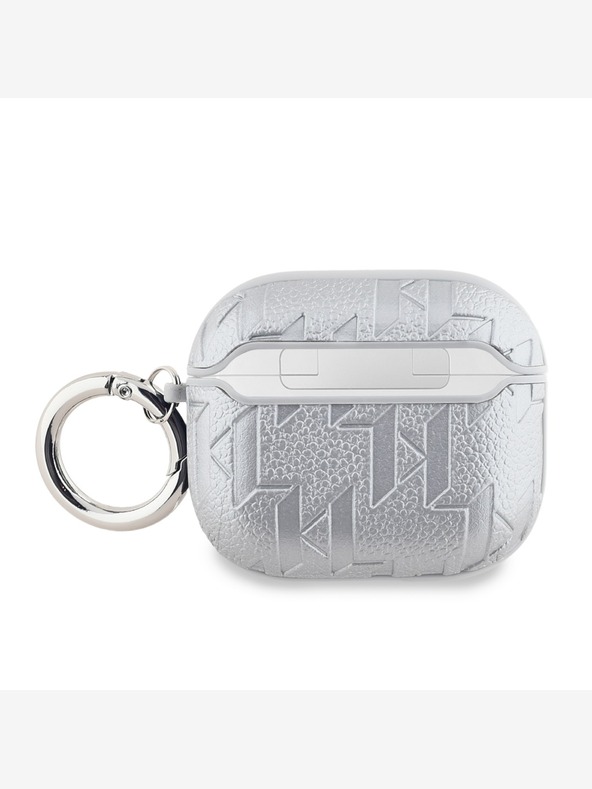 Karl Lagerfeld PU reliéfne puzdro na hlavu Karl pre AirPods 3 strieborné Karl Lagerfeld