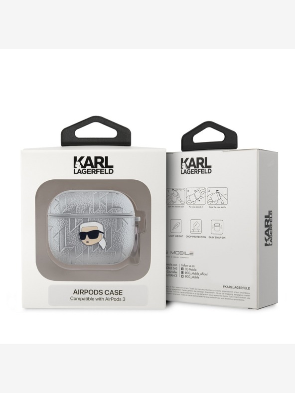 Karl Lagerfeld PU reliéfne puzdro na hlavu Karl pre AirPods 3 strieborné Karl Lagerfeld
