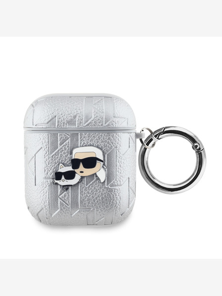 Karl Lagerfeld PU Embosované puzdro Karl and Choupette Heads pre AirPods 1/2 Silver Karl Lagerfeld
