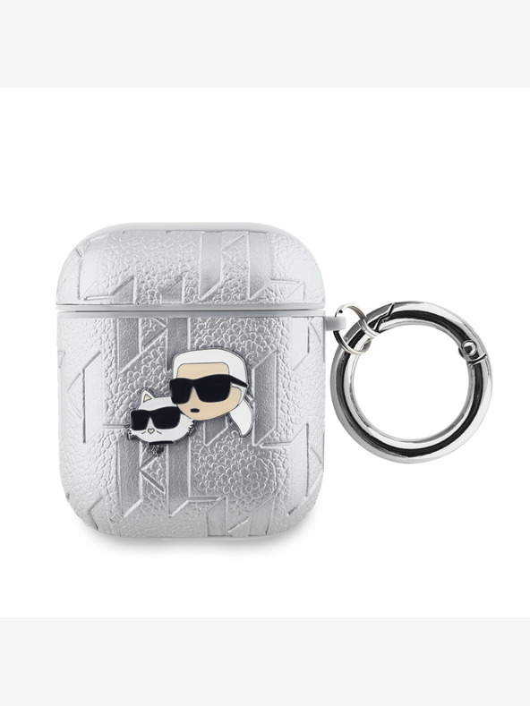 Karl Lagerfeld PU Embosované puzdro Karl and Choupette Heads pre AirPods 1/2 Silver Karl Lagerfeld