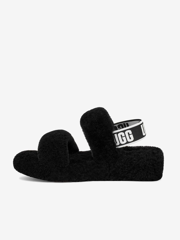 UGG Čierne dámske kožené sandále s kožušinou UGG Oh Yeah