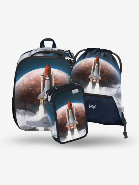 BAAGL  Modrý školský set - aktovka, peračník, taška Baagl Shelly Space Shuttle