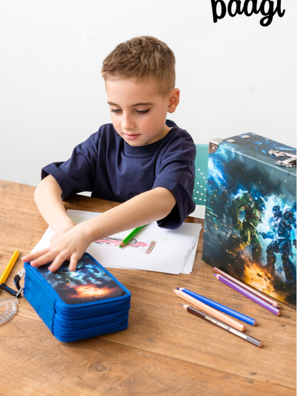 BAAGL  Modrý školský peračník 3-poschodový Baagl Roboti