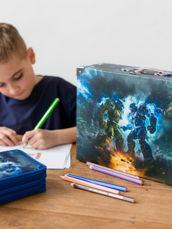 BAAGL  Čierny skladací školský kufrík s príslušenstvom Baagl Roboti