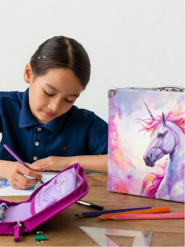 BAAGL  Fialový skladací školský kufor s príslušenstvom Baagl Kráľovstvo jednorožcov