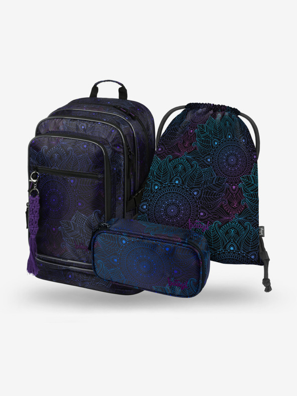 BAAGL  Čierny vzorovaný školský set - batoh, penál a taška Baagl Cubic Zen