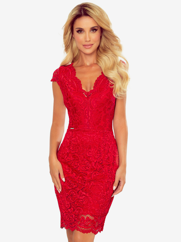 numoco Čipkované šaty s výstrihom - červené Numoco