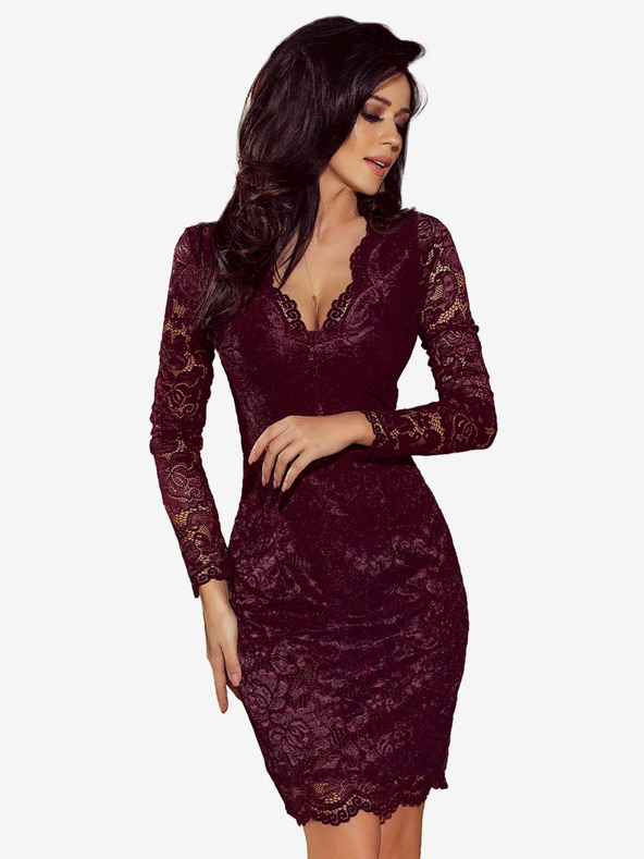 numoco Čipkované šaty s dlhým rukávom a hlbokým výstrihom - tmavá slivka Numoco