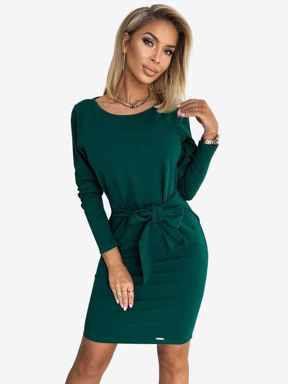 numoco Šaty s dlhým rukávom a viazaním v páse - zelené Numoco