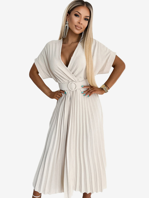 numoco FELICIA Plisované midi šaty s výstrihom a širokým opaskom - béžové Numoco
