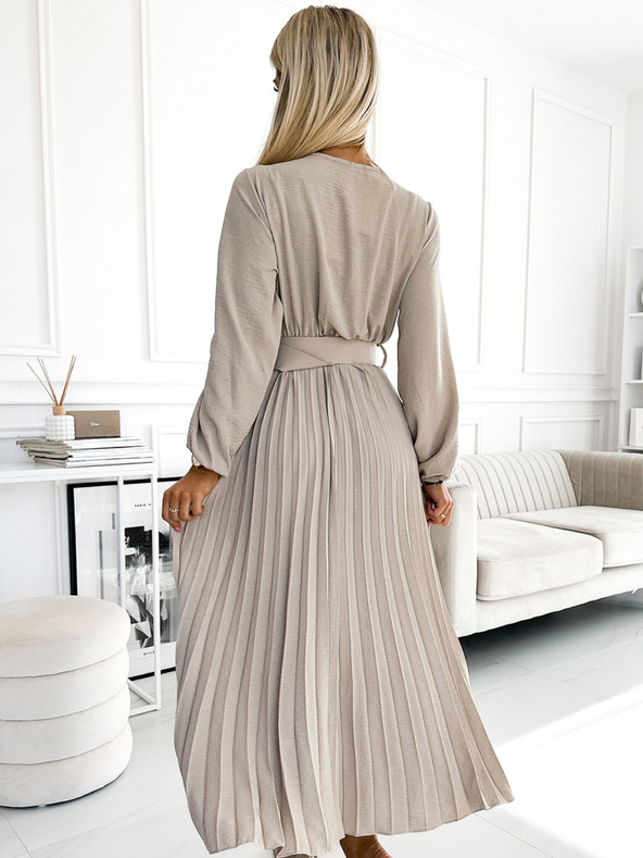 numoco VIVIANA Plisované midi šaty s výstrihom, dlhými rukávmi a širokým opaskom - béžové Numoco