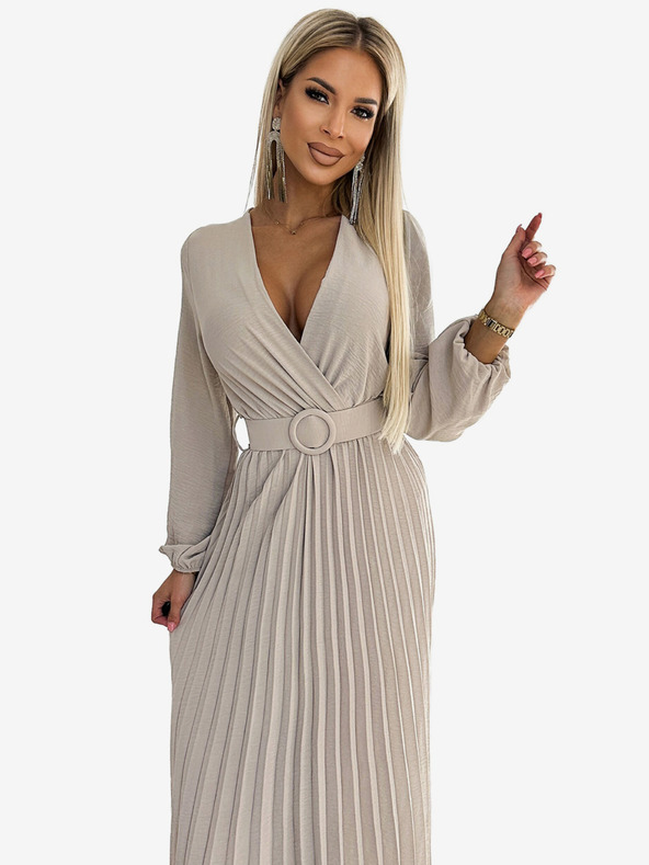 numoco VIVIANA Plisované midi šaty s výstrihom, dlhými rukávmi a širokým opaskom - béžové Numoco