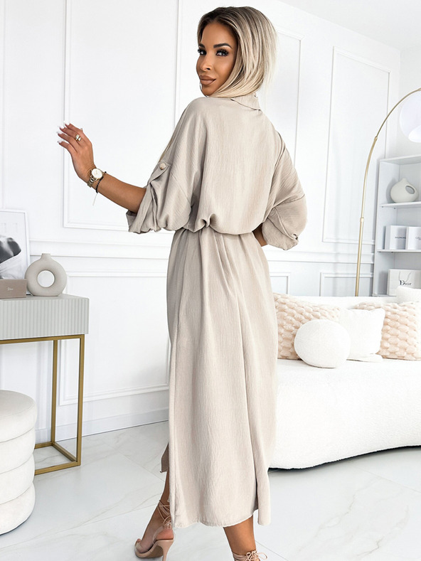 numoco Košeľové midi šaty so zlatými gombíkmi a viazaním - béžové Numoco