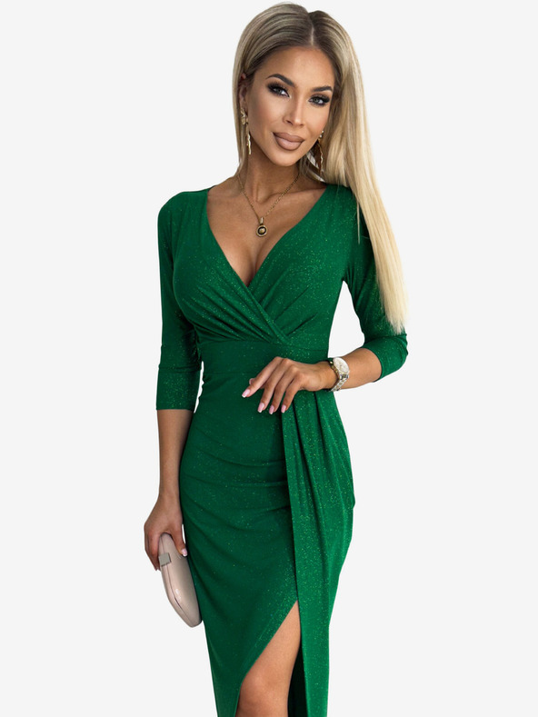 numoco Trblietavé šaty s výstrihom a rozparkom na nohách - zelené Numoco