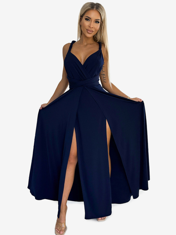 numoco Elegantné dlhé šaty s viazaním na mnoho spôsobov - tmavomodré Numoco